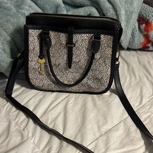 Fossil Ryder Satchel Womens Black Leather And Animal Print Calf Hair Crossbody